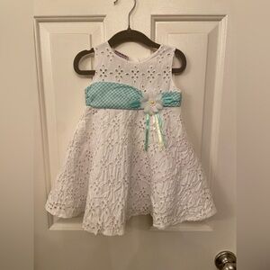 Blueberi Boulevard White Lace Dress with Blue Gingham Accent